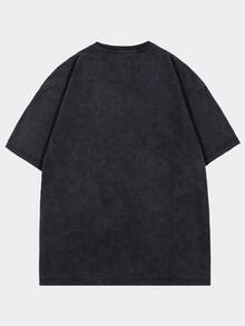 ROMWE MEN Street Life 男士休闲宽松版型恐怖嘴巴字母印花透气T恤，夏季时尚街头风 - 黑色 - 查看 2