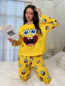 SpongeBob SquarePants | SHEIN Women Cartoon Cute Funny Face Print Crew Neck Long Sleeves Top And Pants, Fall/Winter Women Pajamas Clothes Set Yellow Outfit Cartoon Pajamas Clothes Women - Yellow - View 5