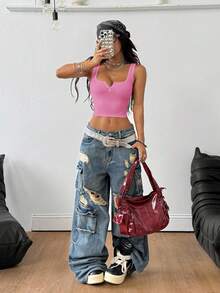 Coolane Women's Summer Concert Outfit Rave Outfit Festival Date Night Going Out Renaissance Fair Club Outfits Sexy Y2K Rib Knit Pink Notched Collar Truncated T-Shirt Tees,Valentine's Day - Pink - View 5