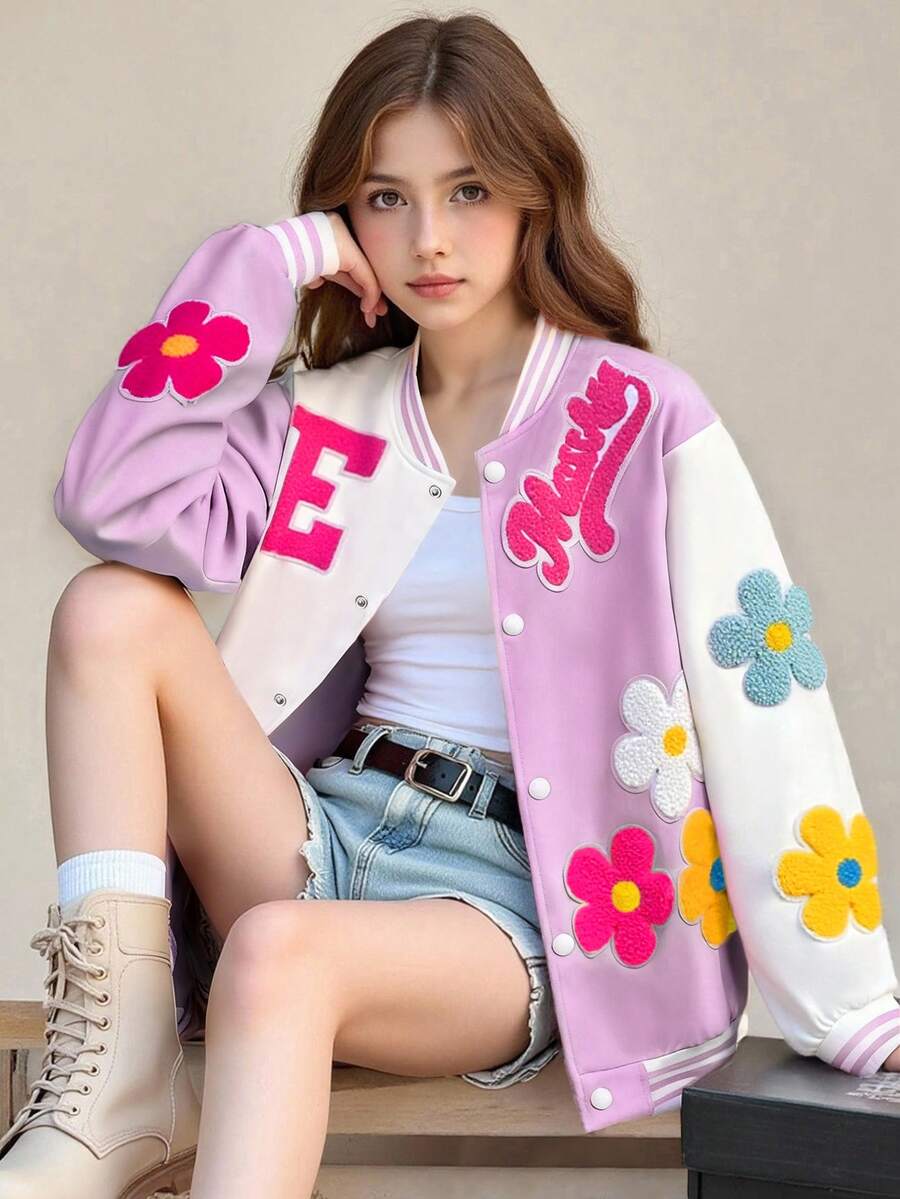 SHEIN Girls' Casual Fashionable Versatile Colorful 3D Floral Contrast Color Loose Baseball Jacket Coat, Spring/Autumn - Purple - View 1