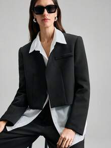 Ontre 2026春夏新款女士梭织面料西装外套，H型设计，长袖，黑色，宽松版型，适合情人节、婚礼季、独立日、都市时尚、通勤简约风等场合。 - 黑色 - 查看 7