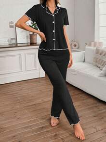 SHEIN Women's Classic Simple V-Neck Short Sleeve Top And Pants Loungewear Set, Casual Sleepwear, Thin Knit Fabric - Black - View 4
