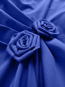 Maweii Elegant Ruched Waist Dress With Asymmetric Hem, Puff Sleeves And Rose Floral Decor, Minimalist Design For Everyday Wear And Commuting, Plus Size - Royal Blue - View 6