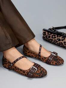 CUCCOO GRLICON Zapatos casuales y versátiles de uso diario con diseño de hebilla y estampado de leopardo para mujer - Multicolor - Ver 1