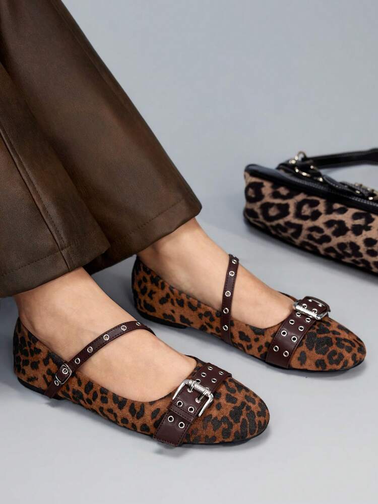 CUCCOO GRLICON Women's Buckle Design Casual Everyday Versatile Leopard Print Shoes