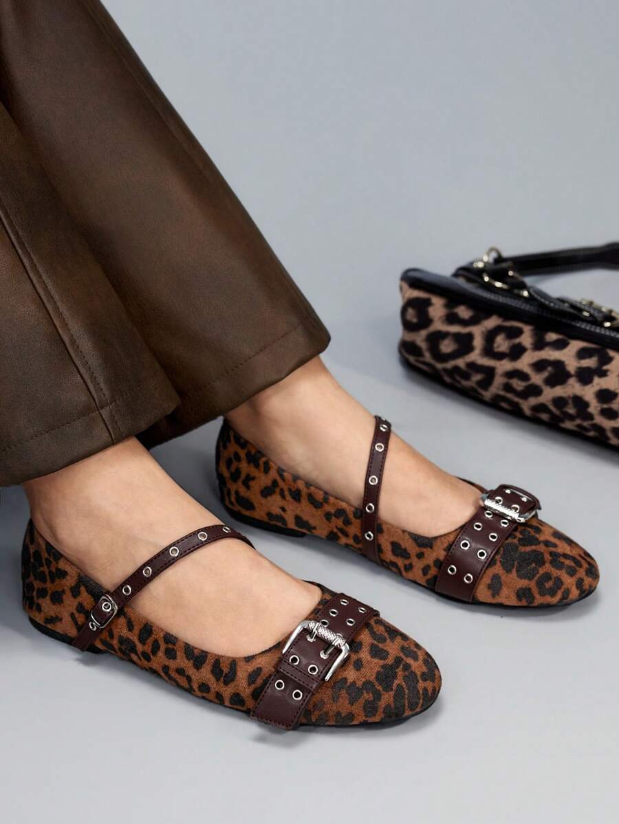 CUCCOO GRLICON Zapatos casuales y versátiles de uso diario con diseño de hebilla y estampado de leopardo para mujer - Multicolor - Ver 1