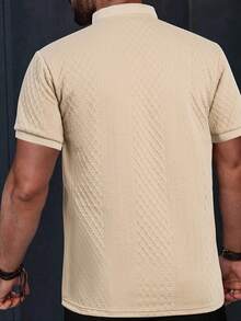 Camiseta informal de cuello henley para hombre, camiseta lisa de punto jacquard. - Caqui - Ver 3