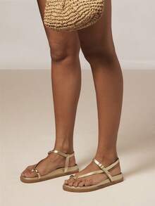 SHUZIA Women's Comfortable Gold Metal Toe Ring Metallic PU Flat Sandals Valentine's Day - Gold - View 2