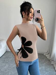 Selianne Top de chaleco con cordón y decoración floral linda para volver a la escuela - Caqui - Ver 5
