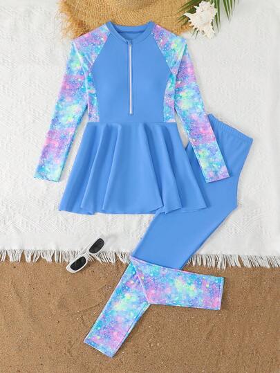 SHEIN Tween Girl Middle Eastern Style Long-Sleeved Zippered Top And Long Pants Tie-Dye Print Two-Pieces Swimsuit Set, Beach/Resort Style