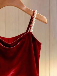 Franclia Women's Draped Neck Faux Pearl Camisole, Suitable For Commuting, Valentine's Day, Romantic Dates, New Year Holidays - Burgundy - View 3