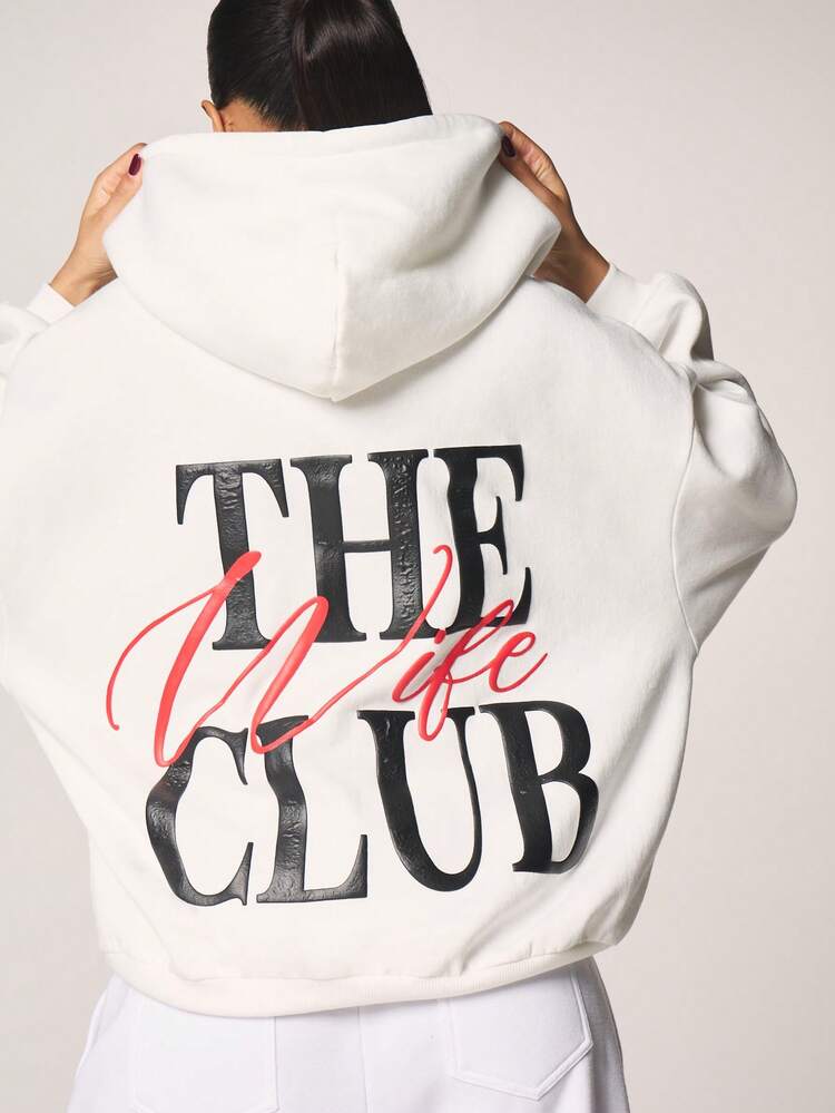 MISSGUIDED The Wifey Club Zip Up Hoodie With Drawstring And Front Zipper Black Text Print Fall Winter Casual Oversized