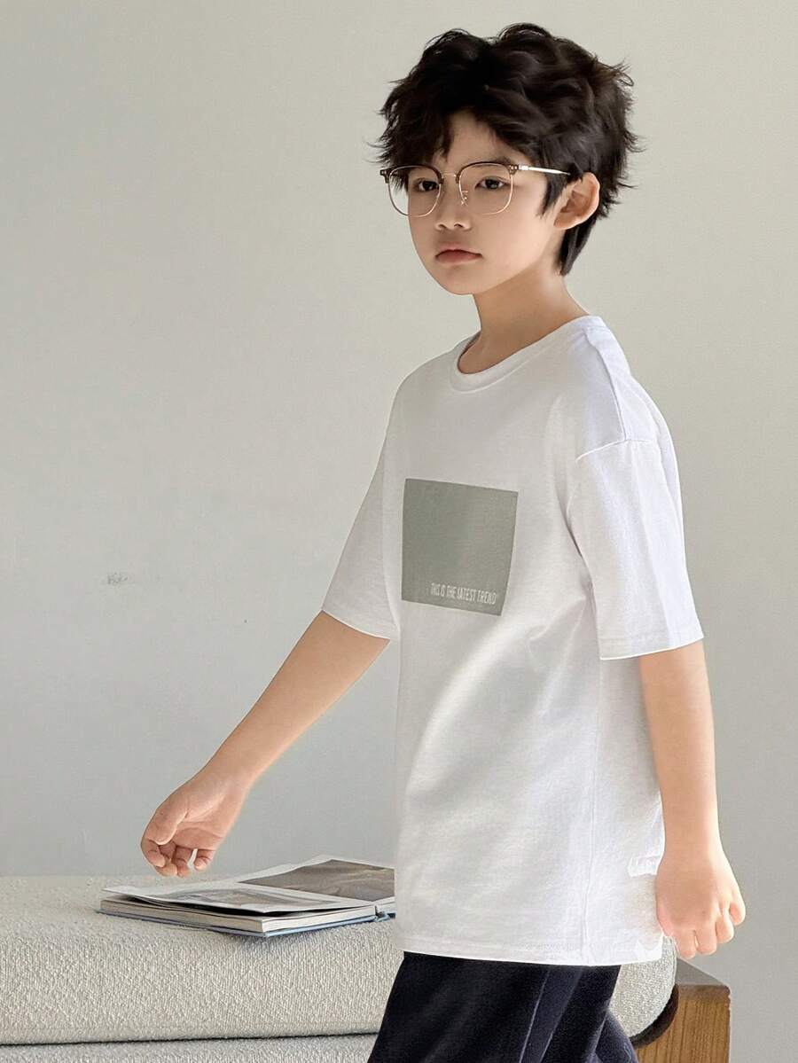 DAZY Tween Boy Letter Print Casual Round Neck Short Sleeve T-Shirt Spring - White - View 1
