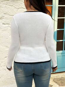 Sunnyshic Plus Size Ruffled Waist Slim Fit Long Sleeve Knit Sweater, Suitable For Spring, Autumn & Winter - White - View 3