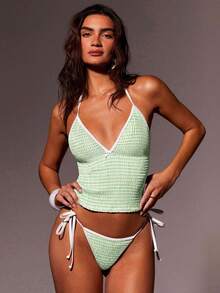 Women's Summer Vacation Beach Plaid Halter Neck Bikini Set - Green - View 1
