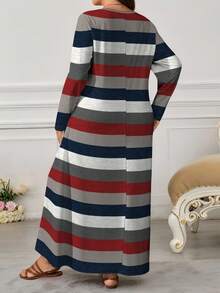 Lacomfia Women's Retro Striped Digital Print Casual Round Neck Long Sleeve Pocket Maxi Dress, Fashionable & Elegant - Multicolor - View 2