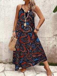 Breezaya 大码女式深V领无袖佩斯利印花休闲通勤优雅时尚百搭复古沙滩度假夏季新款宽松吊带连衣裙度假装女式度假连衣裙长款夏季连衣裙女式波西米亚风连衣裙女式波西米亚时尚女装长款休闲连衣裙 - 彩色 - 查看 1