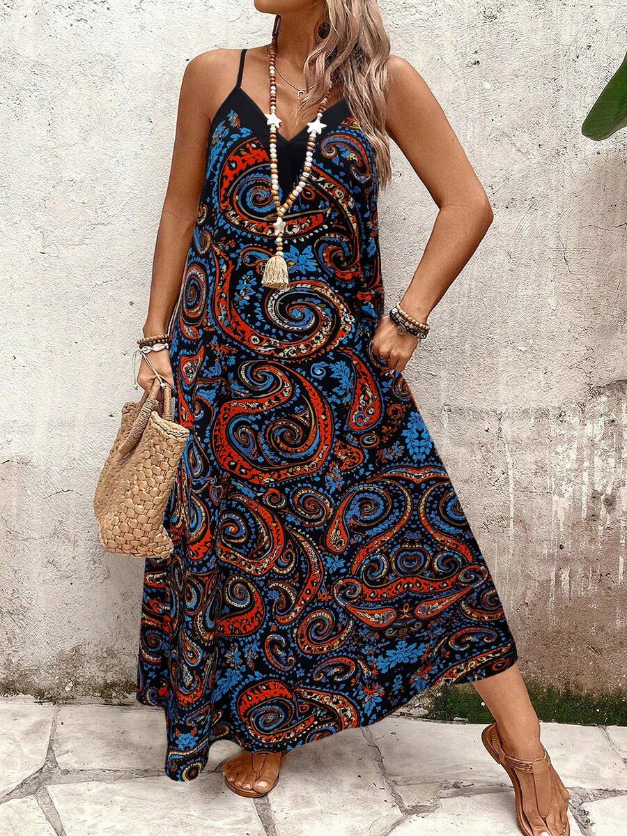 Breezaya 大码女式深V领无袖佩斯利印花休闲通勤优雅时尚百搭复古沙滩度假夏季新款宽松吊带连衣裙度假装女式度假连衣裙长款夏季连衣裙女式波西米亚风连衣裙女式波西米亚时尚女装长款休闲连衣裙 - 彩色 - 查看 1