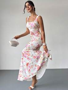 Firerie 女士优雅浪漫时尚通勤性感优雅连衣裙，适合派对、度假、浪漫约会和婚礼生日等场合，花卉印花垂褶领口美人鱼下摆修身长裙