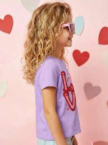Niña camiseta casual diseño LOVE corazón estampado tridimensional tejido suave ajuste regular primavera verano uso diario T‑shirt - Lila Púrpura - Ver 2