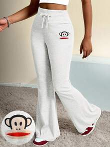 Paul Frank X SHEIN Tween Girls Summer/Spring Drawstring Waist Embroidery Cartoon Pattern Flare Leg Pants, Flared Sweatpants, Cute Sweatpants, Sweats For Girls,Girls Joggers - Light Grey - View 3
