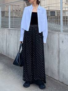 FRIFUL Women's Elastic Waist Mesh & Polka Dot Patchwork 2 In 1 Ankle Length Pants - Black - View 4