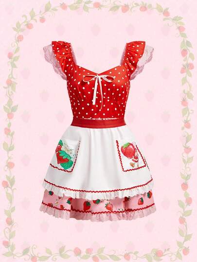 Strawberry Shortcake | ROMWE 女士波点草莓印花蕾丝边蝴蝶结装饰二合一围裙连衣裙