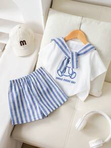 SHEIN 3pcs Baby Boy Summer Casual Vacation Cute Blue & White Striped Shawl, White Bear Graphic T-Shirt, And Blue & White Striped Casual Shorts - Multicolor - View 10