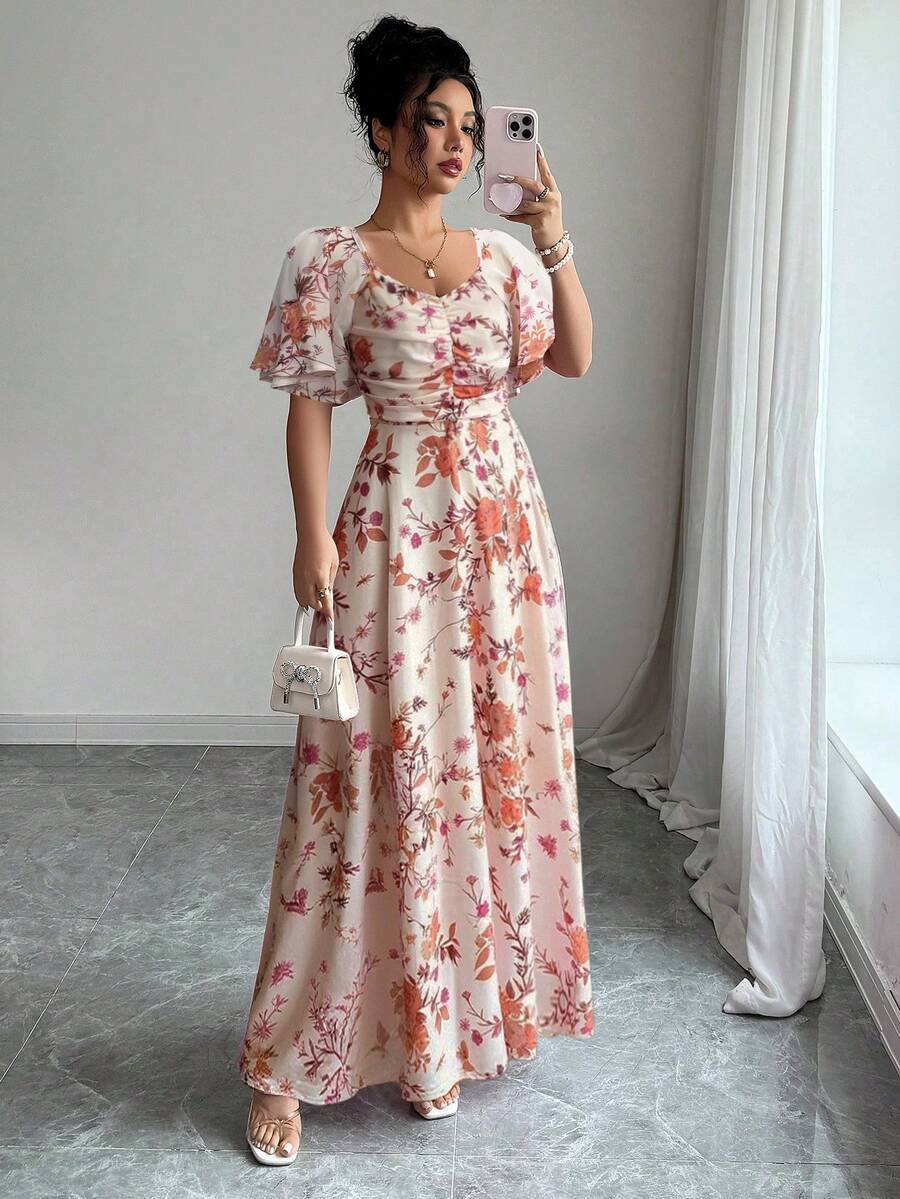 Modelyn 女士雪纺蝴蝶印花蝙蝠袖褶皱甜美法式夏季连衣裙