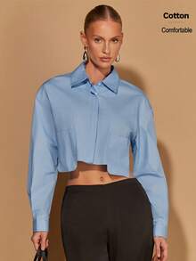 COSMINA Women's Elegant Light Blue Long Sleeve Shirt,Cropped Casual Everyday Autumn Blouse With Pocket Decor,Minimalist Business Casual Fashion Work - Blue - View 1