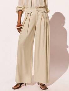 Poéselle Pantalones anchos de cintura alta con pliegues para mujer, pantalones palazzo de corte elegante en un suave beige neutro, pantalones anchos con pliegues, pantalones palazzo de cintura alta, pantalones de trabajo beige, pantalones de mezcla de lino, armario cápsula minimalista, estética neutra, estilo de oficina elegante pantalones anchos de unicolor casual - Albaricoque - Ver 6