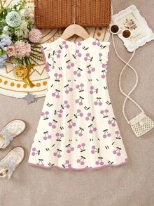 Rochie scurtă cu imprimeu de cireșe, model casual drăguț pentru băieți, cu imprimeu mini și volane, potrivită pentru vară, vacanțe relaxante, weekenduri la plajă, ținute drăguțe de vară, articole de vară pentru copii, stil coreean, mod de plajă activat, articole pentru ieșiri de vară