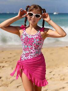 SHEIN Girls Swimsuits Tween Girl Bathing SuitTwo Piece Dress And Swimsuit Set Swimwear With UPF 50+ Cute Girls One Piece Swimsuit With Skirt Pink Swimsuit Kid Flower Girls Floral Swim Suit Girls One Piece Summer Outfit Pink And Blue Kids Bathing Suit - Pink - View 3