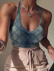 Rovax 大码女士性感水钻装饰修身吊带连体衣，夏季 - 彩色 - 查看 4