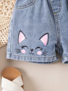 Baby GirlBlue Denim Shorts With Cat & Bow Pattern - Light Wash - View 6