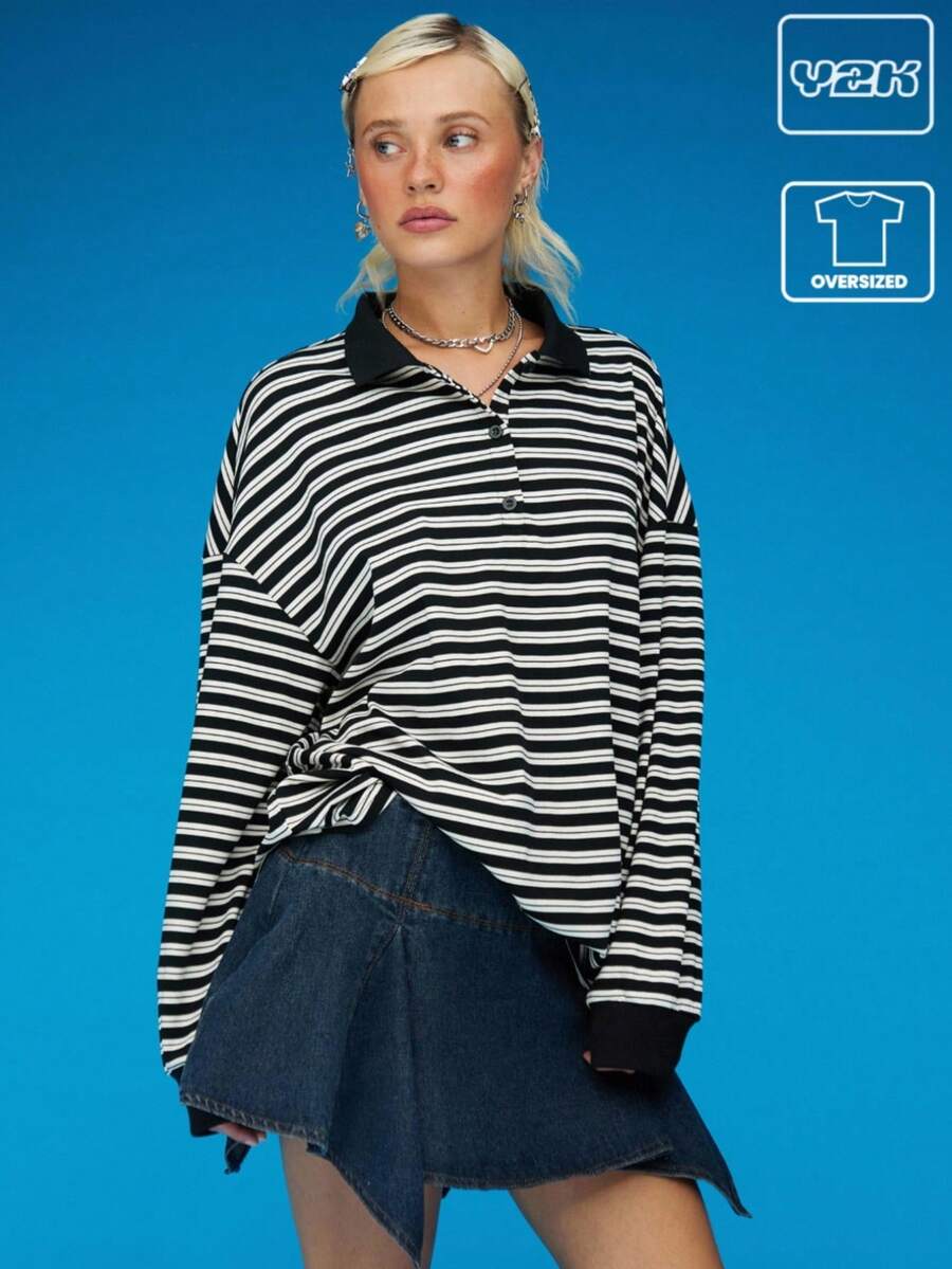 COUREZ 超大春季黑色条纹长袖 Polo 衫/Y2K 街头潮流秋季女装外出上衣可爱上衣 - 黑色 - 查看 1