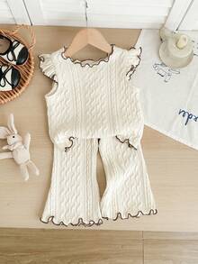 SHEIN 女婴可爱休闲杏色针织短袖上衣和松紧腰裤套装 - 杏色 - 查看 7