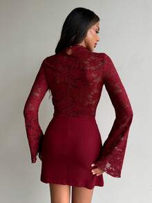 Aloruh Đầm mini ôm sát gợi cảm với ren tương phản khoét lỗ dành cho nữ - Màu Đỏ Sâu - Xem 4