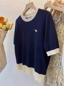 Resyla Fitted Cropped Round Neck Short Sleeve Top - Navy Blue - View 3