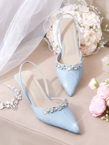 CUCCOO HITCHD Zapatos de tacón elegantes y de moda para fiesta con decoración de rhinestones para mujer - Celeste - Ver 12