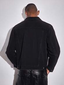 ROMWE MEN Men's Long Sleeve Single-Breasted Rhinestone Embellished Black Denim Jacket - Black - View 3