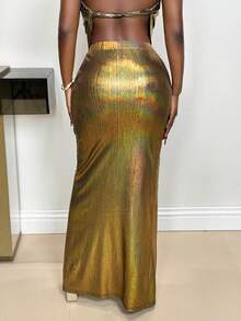 Xyvia Women's Metallic Textured Fabric Ruched Bodycon Skirt With Front Slit, Sexy And Elegant Design, Suitable For Birthday Gift, Date, Party, Music Festival, Singles' Day, Labor Day, Easter, Travel, Street Photography, Spring/Summer - Gold - View 2