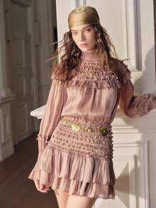 SHEIN Unity Women's Romantic Elegant Ruffled Two Pieces Dress Set, Blouse And Mini Skirt, Shiny Party Outfit With Ruffle Design - Dusty Pink - View 6