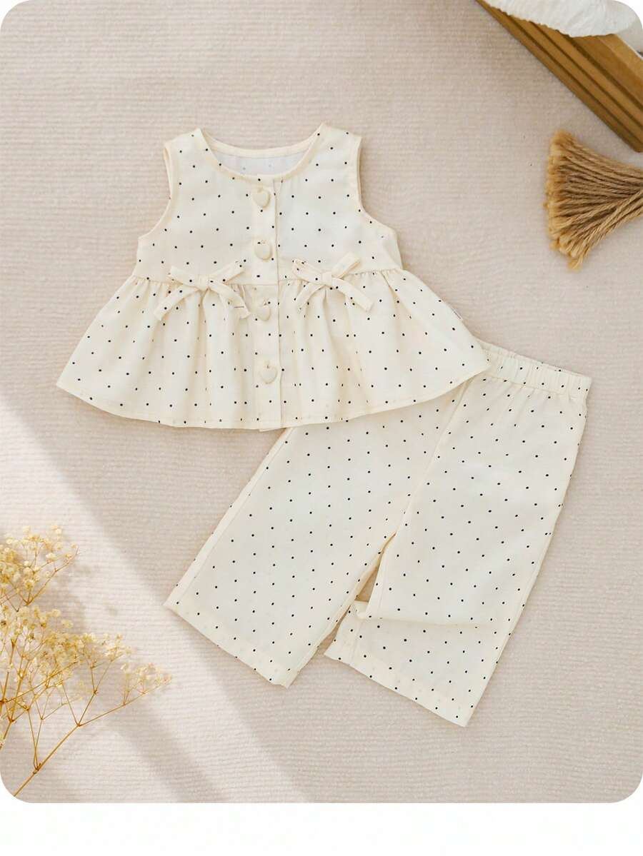 新生女宝宝可爱休闲杏色波点荷叶边背心和松紧腰裤套装 - 米色 - 查看 1