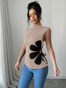 Selianne Top de chaleco con cordón y decoración floral linda para volver a la escuela - Caqui - Ver 6
