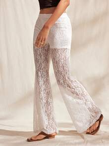 Easelle 女士休闲白色蕾丝阔腿裤 - 白色 - 查看 6