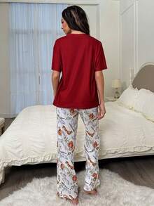 HARRY POTTER X SHEIN Women's Summer Owl Round Neck Short-Sleeved Loose Burgundy Hedwig Printed Pattern T-Shirt And White Trousers Pajama Set, Comfortable And Casual Summer At Home - Red - View 2