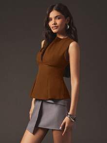 Hauture Women's Sexy Office Casual Front Zip With Peplum Structured Tailored Sleeveless Top - Brown - View 6