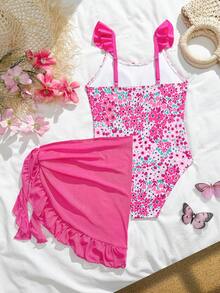 SHEIN Girls Swimsuits Tween Girl Bathing SuitTwo Piece Dress And Swimsuit Set Swimwear With UPF 50+ Cute Girls One Piece Swimsuit With Skirt Pink Swimsuit Kid Flower Girls Floral Swim Suit Girls One Piece Summer Outfit Pink And Blue Kids Bathing Suit - Pink - View 2