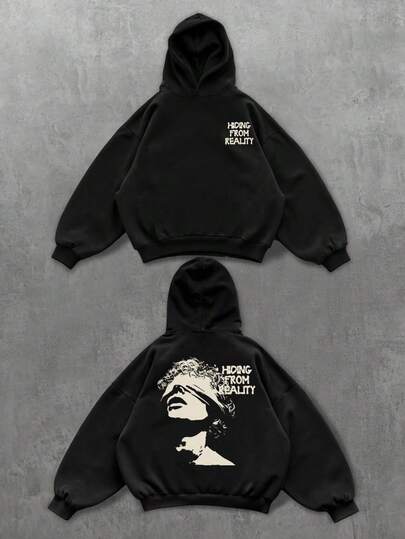 PAVTROS 男士休闲日常通勤时尚街头复古人像字母印花落肩宽松保暖连帽衫，秋冬款